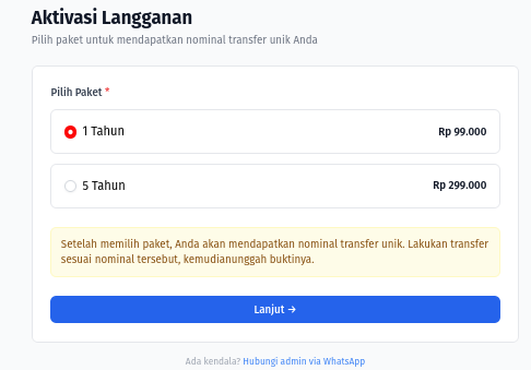 Pilihan paket aktivasi